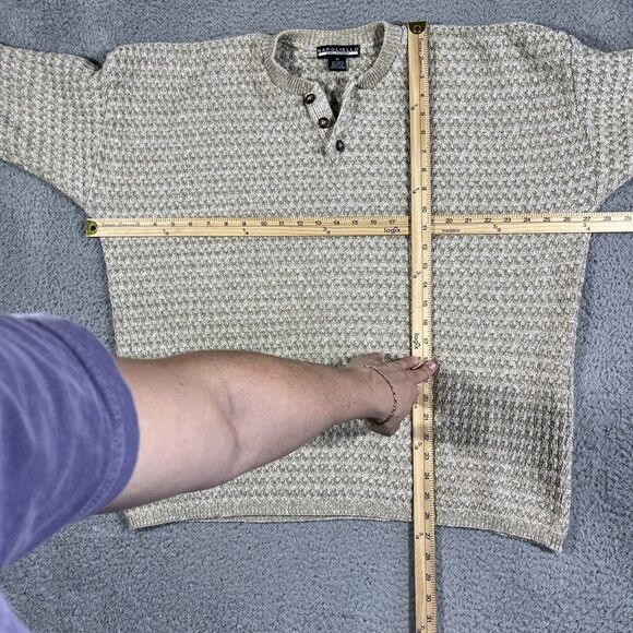 VINTAGE Napoliello Sweater Men XL Beige Cable Knit Preppy Made USA 90s Henley - Picture 4 of 6